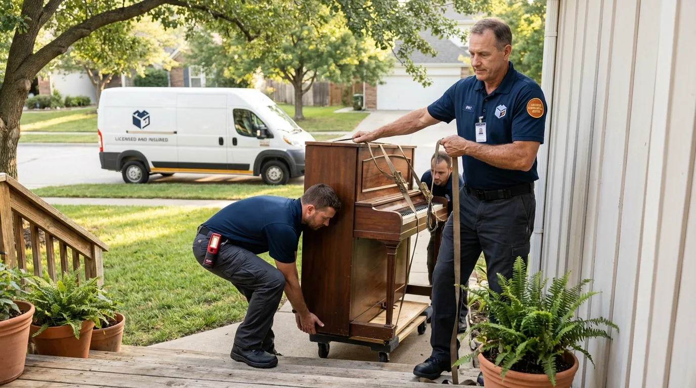 Licensed piano movers securing grand piano in Sierra Madre, CA