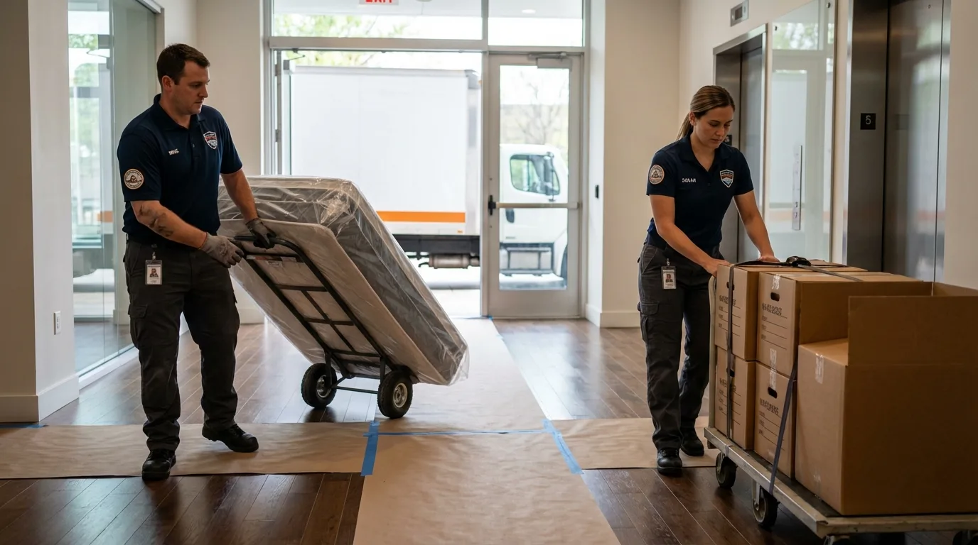 Professional apartment movers loading elevator in Sierra Madre, CA