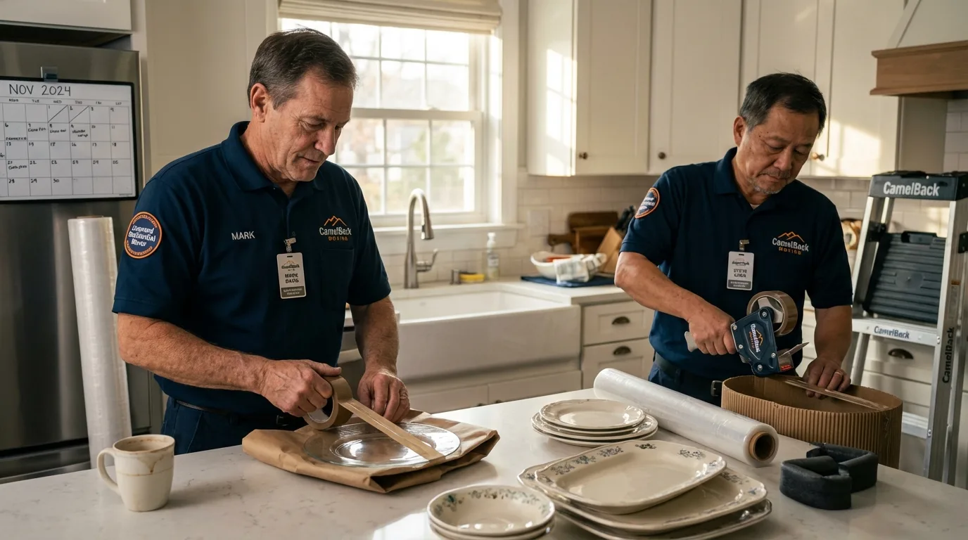 Professional crew packing kitchen dishware in Sierra Madre, CA